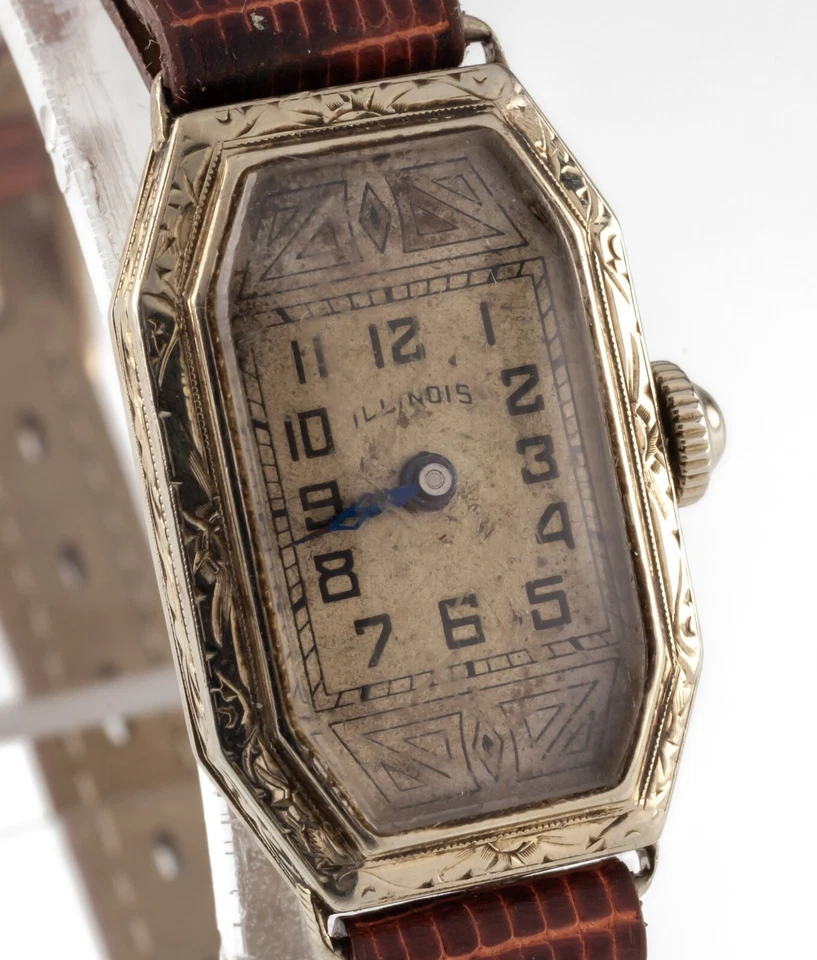 Женские антикварные наручные часы из белого золота 18 карат с ручным заводом Illinois с кожаным ремешком - Изображение 2 из 4