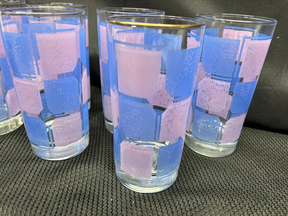 Juego de 7 ~ Vasos de Vidrio Libbey "CUADRADOS AZULES / MORADOS" ~ 5 3/4" de Alto Foto 4 de 4