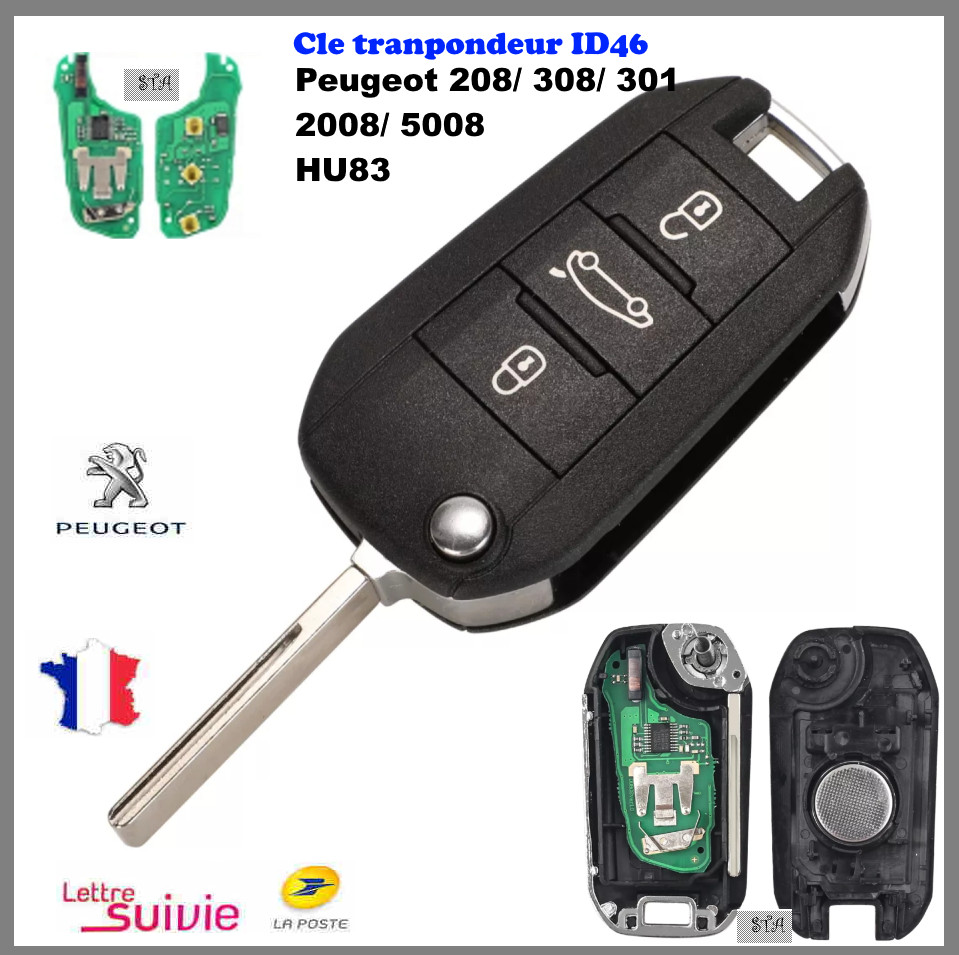 Clé vierge avec transpondeur ID46 et lame HU83 pour Peugeot 208 et 308