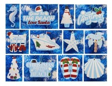 Tropical BEACH Santa Christmas Themed Ornament Set w Palm, Starfish, Seahorse