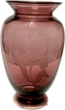 FENTON Amethyst Plum Glass Vase Etched IRIS Flower