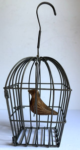 Decorative Hanging Metal Bird Cage features Wood Bird, Cage 6 x 4 x 4 +Hook