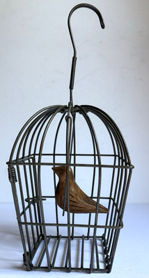 Decorative Hanging Metal Bird Cage features Wood Bird, Cage 6 x 4 x 4 +Hook