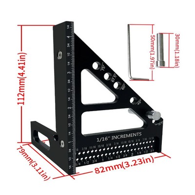 3D Woodworking Square Protractor Alloy Miter Triangle Ruler T-Scriber 22.5-90°
