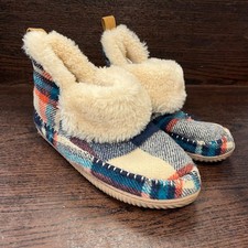 Dearfoams Women's Moritz Booties Size 10 Blue Faux Fur Cozy Plaid House Slipper