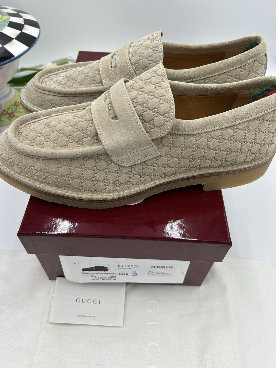Gucci Beige Suede Micro GG Monogram Penny Loafers  Oatmeal EUR 10 US 11 New Gucci Web GG Suede Loafers (Please request your size for  main image 2