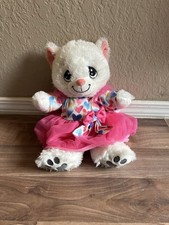 Build-A-Bear White Cat Plush With Heart Patterned Dress