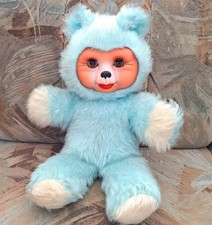 DDR 70er Sonneberg Kuscheltier Puppe Retro Teddy Bär Gummi Gesicht türkis blau