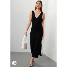 Toccin X RTR V-Neck Sleeveless Midi Dress Ribbed Bodycon White Trim Sz S