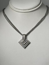 Solid 14K White Gold 3-Link Chain  Square Pendant  Natural Diamonds, 16  