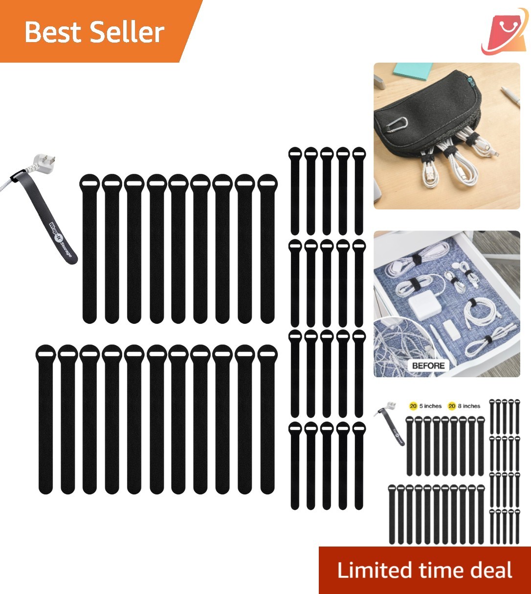 Self-GRipping Cable Ties Reusable Nylon Black 40 Pack for Cord Management