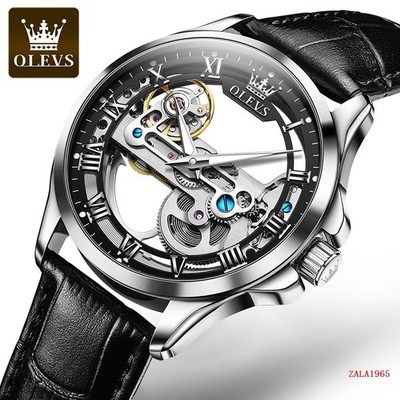 Olevs Skeleton Mechanical Men's Watch, Transparent Dial, Leather Strap, Premium
