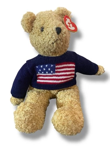 TY Beanie Babies Buddy Curly Bear 17" American Flag Sweater Retired Vintage 1990