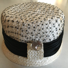 Vintage Straw Hat Pillbox 50s 60s Ivory Black Netting MCM Saks Fifth Avenue