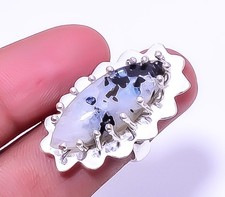 Black Tourmaline In Rainbow Moonstone 925 Sterling Silver Ring Adjustable R24 