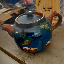 Blue Ceramic Tea Pot with Lid, Hand Painted Floral, Glossy Finish, Round