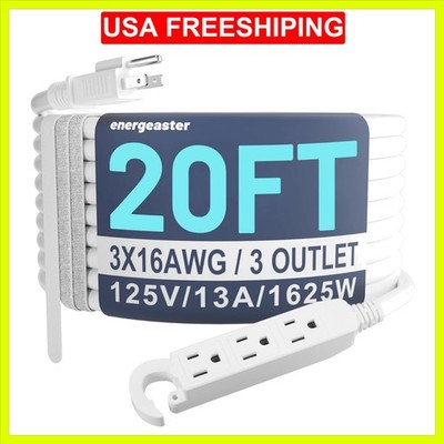 Energeaster 16/3 20Ft 3 Outlet Extension Cord Indoor, Outdoor White Extension...