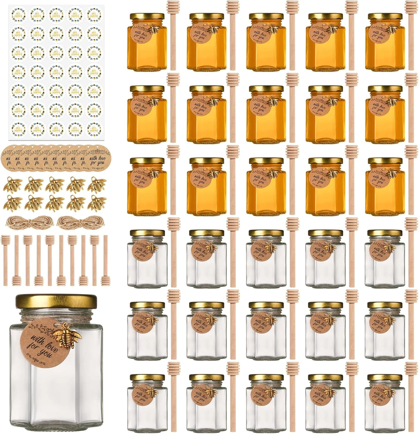 4 Oz Small Honey Jars with Dipper, 30 Pack Hexagon Honey Jar for Baby Shower, Em