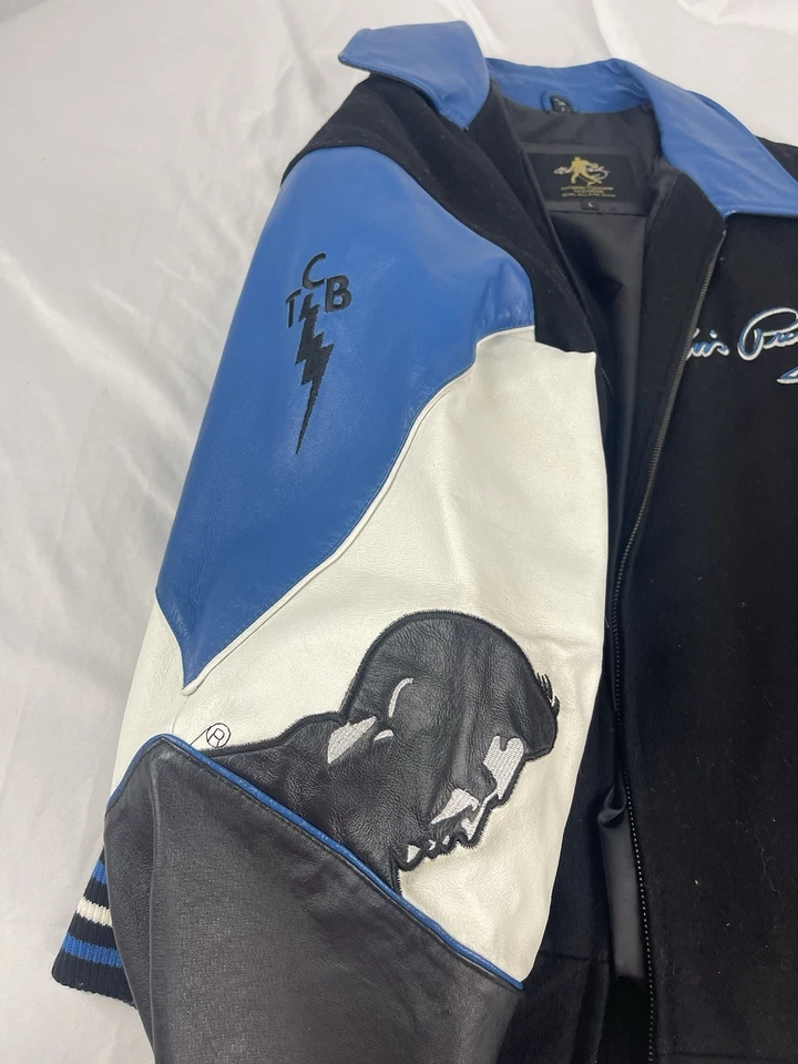 ELVIS Presley Varsity Bomber Jacket Blue Leather & Black Wool Embroidered Large - Image 2 of 4