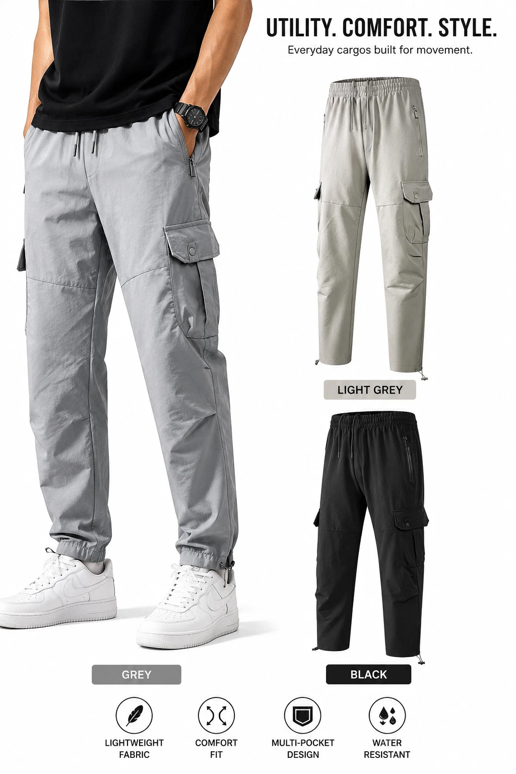 Mens Tactical Cargo Trousers Lightweight Joggers Drawstring Streetwear Pants