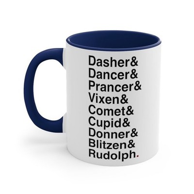 Christmas Reindeer Names Coffee Mug - Holiday Gift, White Ceramic Navy Handle