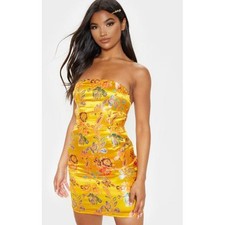Pretty Little Thing Mustard Oriental Satin Bandeau Lace Up Dress Size 6
