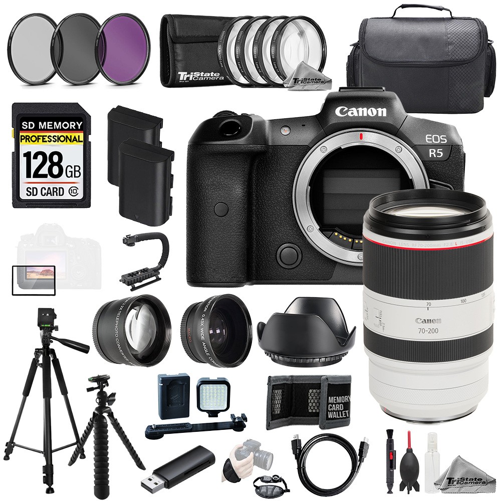 Canon EOS R5 + RF 70-200mm f/2.8L IS USM Lens+128GB+Ext Bat+9 PC