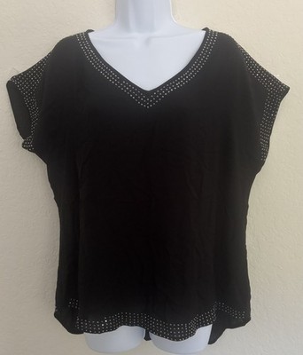 Patchington Black Sheer Cap Sleeve Top with Stud Accents NWT Size L