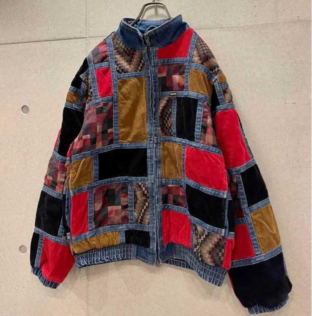 Veste en jean patchwork velours côtelé Supreme FW18 bleu rouge logo boîte taille M