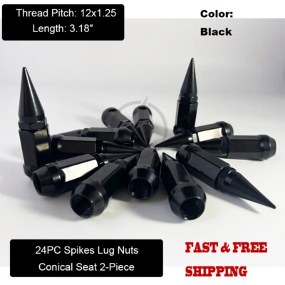 24Pc Black 3.18'' Spike Lug Nuts 12x1.25 Cone Seat For Nissan Armada Frontier