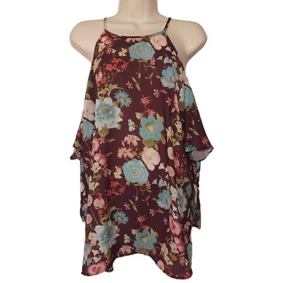 SWEET PEA NEW YORK & CO Colorful Floral Print Burgundy Print Cold Shoulder Top