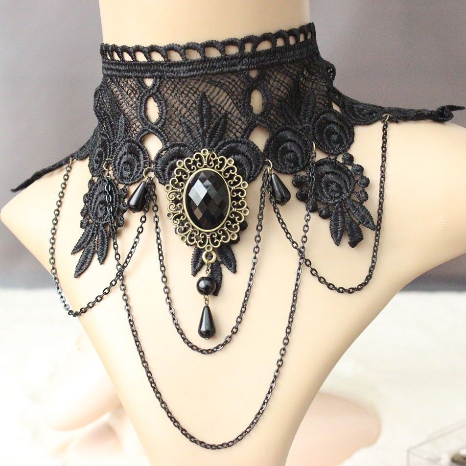 Gothic Victorian Black Lace Choker Necklace Tassel Chain Steampunk Halloween