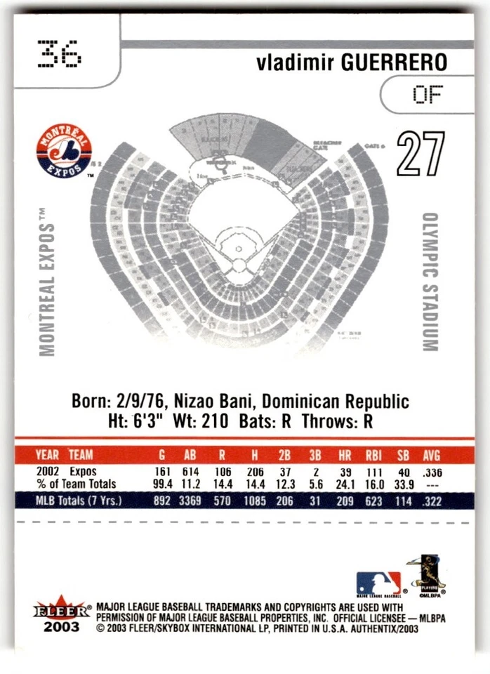 2003 Fleer Authentix Vladimir Guerrero #36 Montreal Expos - Image 2 of 2