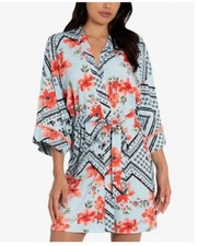 NEW Linea Donatella Womens Floral Printed Wrap Robe Aqua Red Black, Small Medium