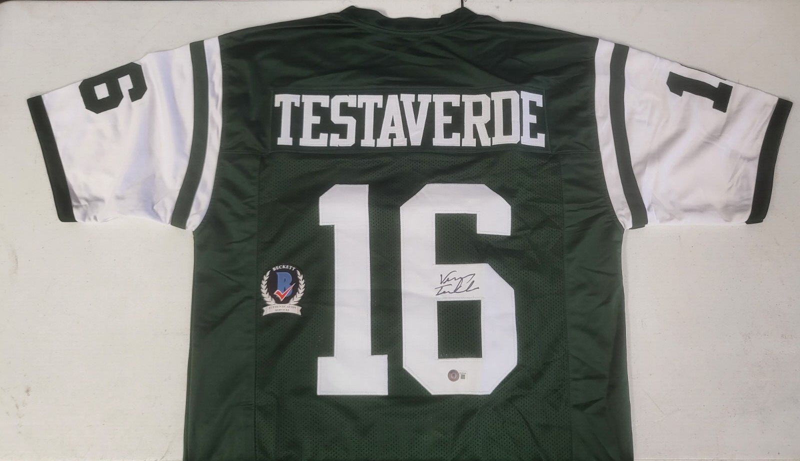 VINNY TESTAVERDE #16 NY JETS SIGNED AUTOGRAPHED CUSTOM JERSEY SIZE XL BECKETT 