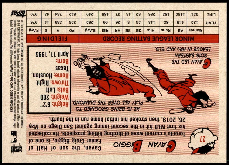 Cavan Biggio 2019 Topps Archives 5x7 Gold #27 RC 3/10 Blue Jays - Image 2 of 2