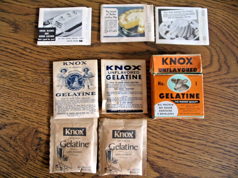 4 Packages (3 different) Vintage KNOX Unflavored Gelatine w/ 3 Recipe Inserts