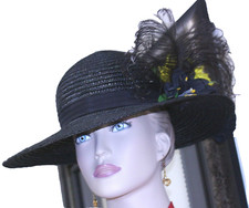 unbranded wide brim blk straw hat ribbon band lg plume yellow flowers lg bow vtg