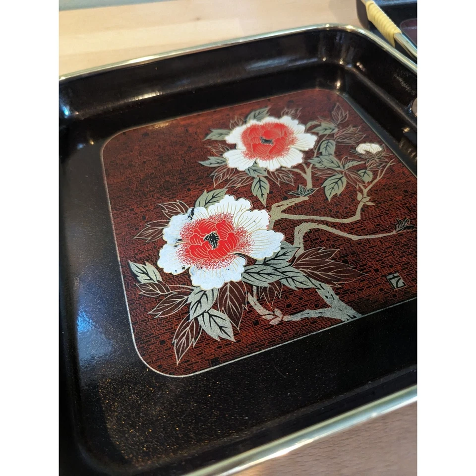 Bandeja de laca Toyo vintage flor floral japonés conjunto 2 dos té de sushi a juego Foto 2 de 4