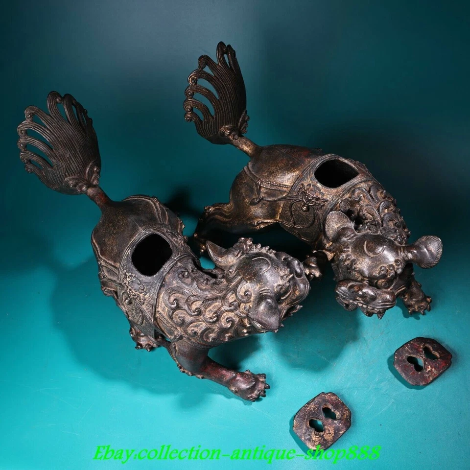 10" Old Chinese Bronze Gilt Fengshui Dragon Foo Fu Dog Guardion Lion Statue Pair - Image 3 of 4