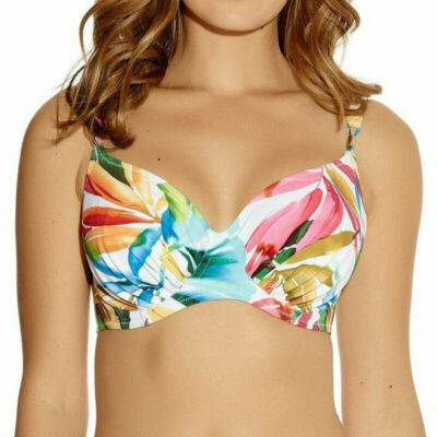 Fantasie Boca Chica Bikini Top Size 36D Underwired Full Cup White Tropical 6034
