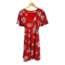 Madewell red floral chiffon Daisy Society side button Tie-Waist mini dress Sz 8.