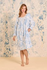 Eileen West Long Sleeve White/Blue Floral 100 Cotton Flannel Waltz Nightgown L