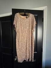 Adrianna Papell Beige Sequin Beaded Sheath A-Line Dress Short Sleeve Size 14