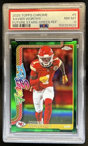 2025 Topps Chrome Xavier Worthy Future Stars Green Refractor SP #/99 PSA 8