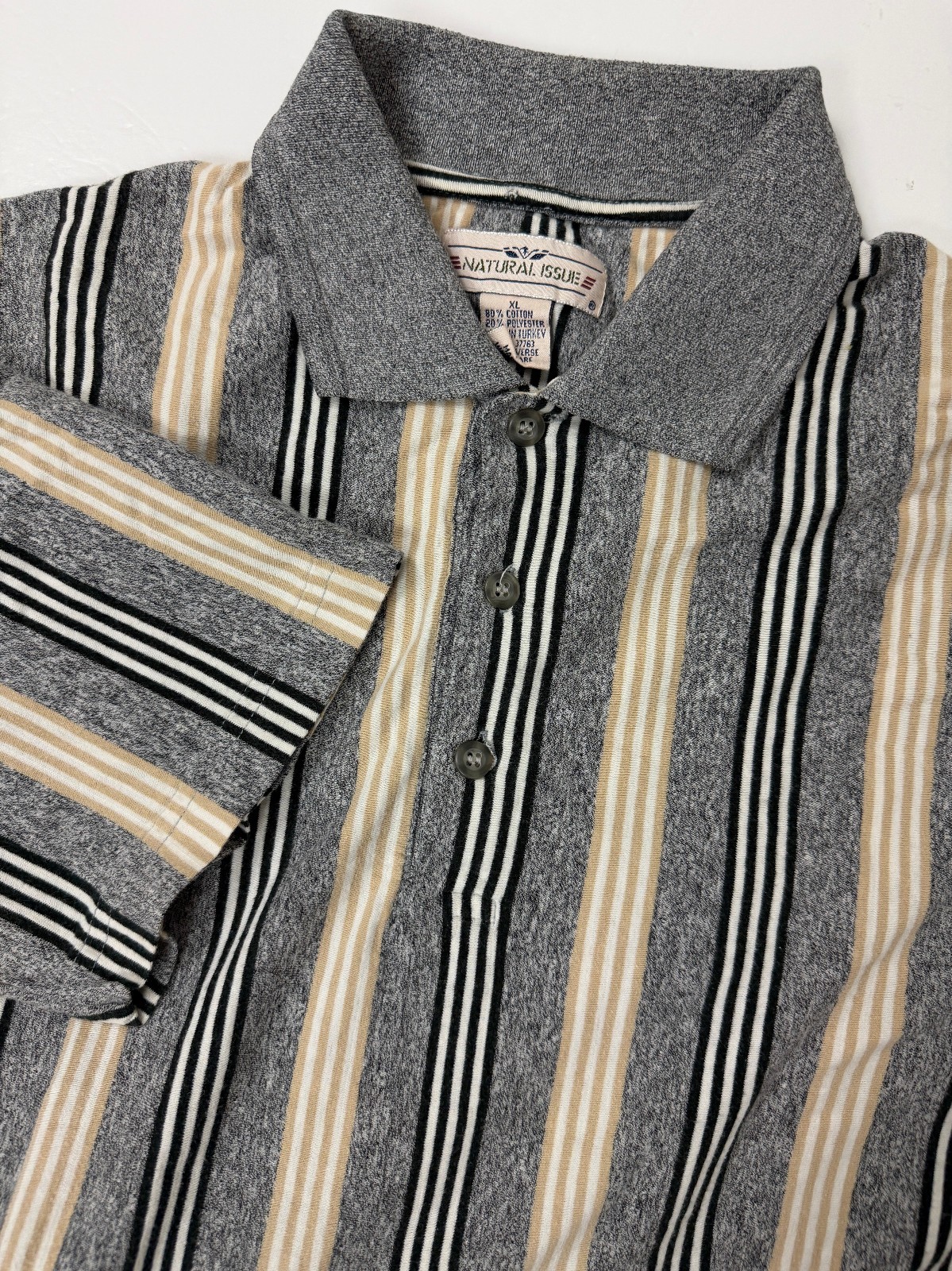 Vintage 90s Polo Shirt Men XL Casual Heather Gray Black Striped Natural Issue