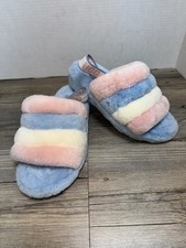 UGG Fluff Yeah Slide Pride Stripes Fur Slippers Women s Size 7 Comfy Rubber Sole