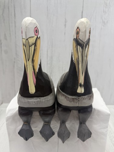Hand Carved Wooden Pelican Shelf Sitters Coastal Nautical Decor Set