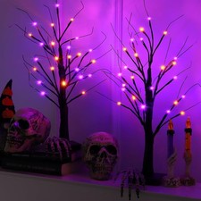 2 Pack 24 Inch Halloween Black Spooky Tree Orange Purple Lights USB Battery