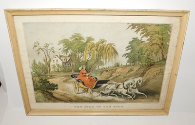 NEAT FRAMED ''THE STAR OF THE ROAD'' 1849 IMAGE OF HORSES WAGON AND LADY N CURRIER